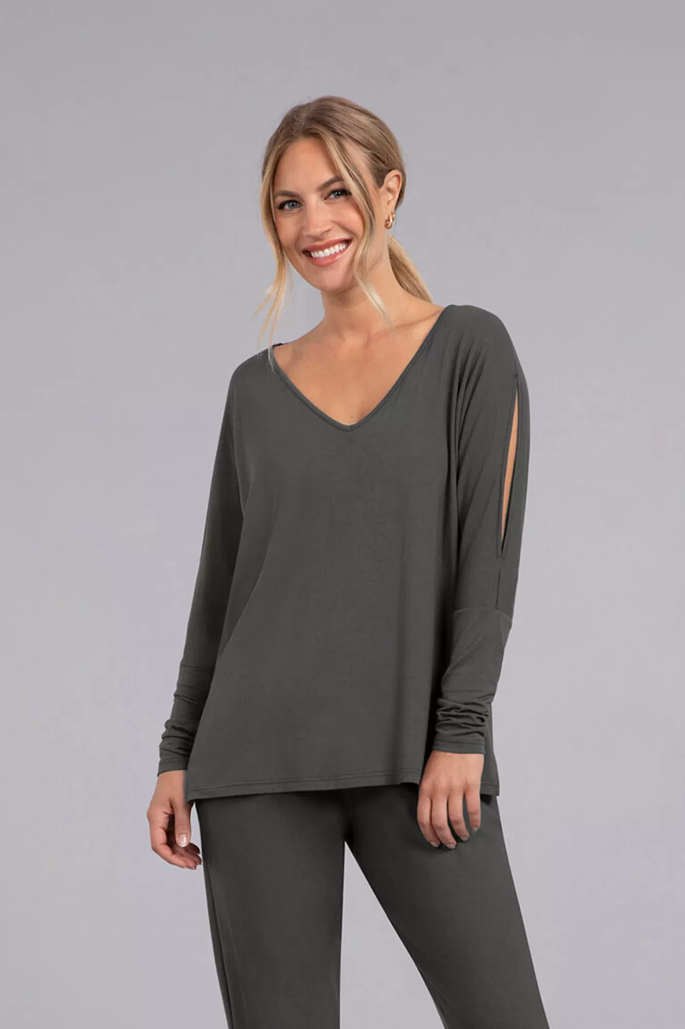 Clearance Sympli Bamboo Cotton V-Neck Slit Sleeve Top