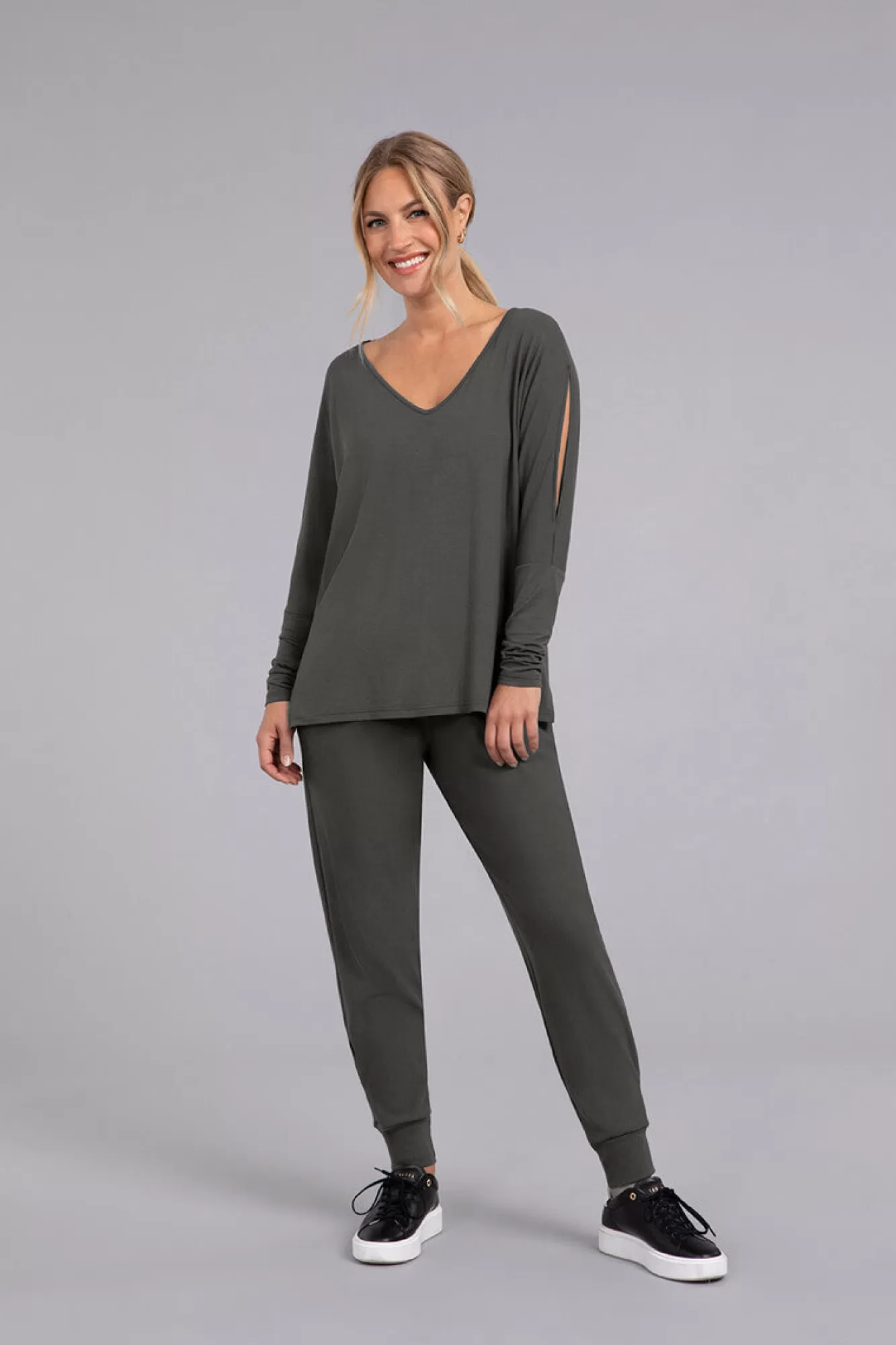 Clearance Sympli Bamboo Cotton V-Neck Slit Sleeve Top