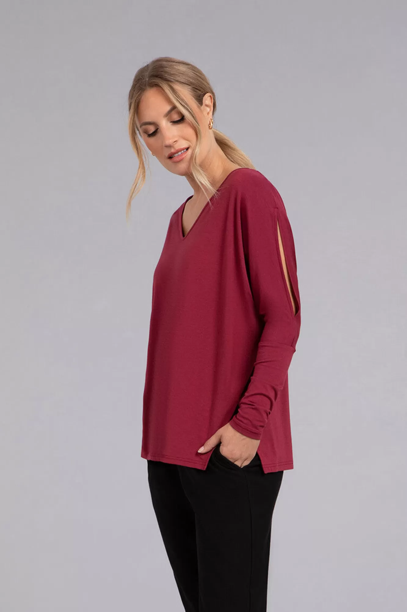 Outlet Sympli Bamboo Cotton V-Neck Slit Sleeve Top