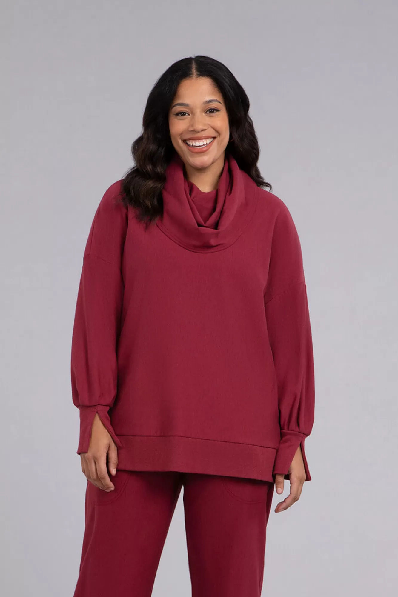 New Sympli Bamboo Fleece Cowl Neck Pleat Sleeve Top