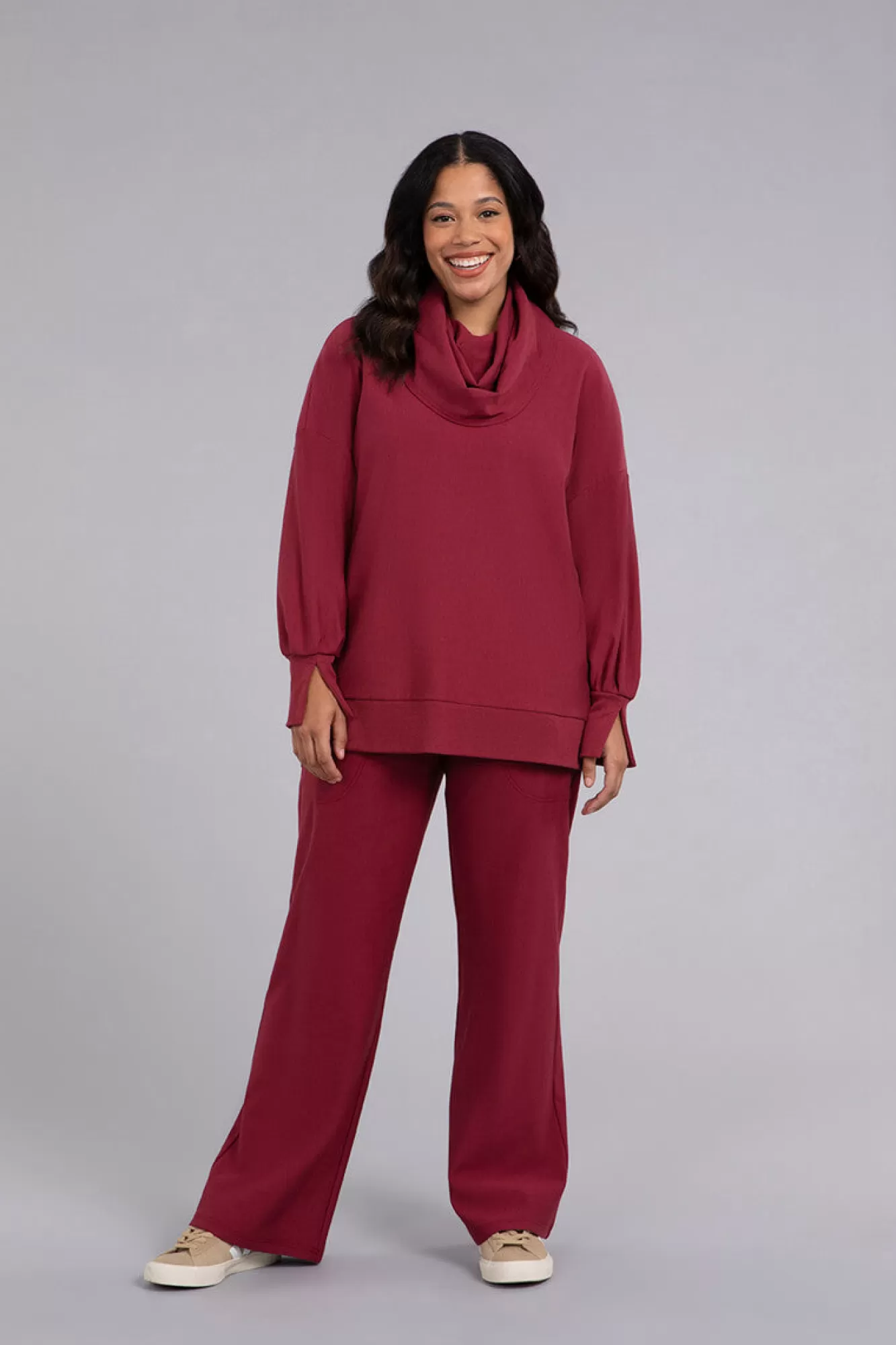 New Sympli Bamboo Fleece Cowl Neck Pleat Sleeve Top