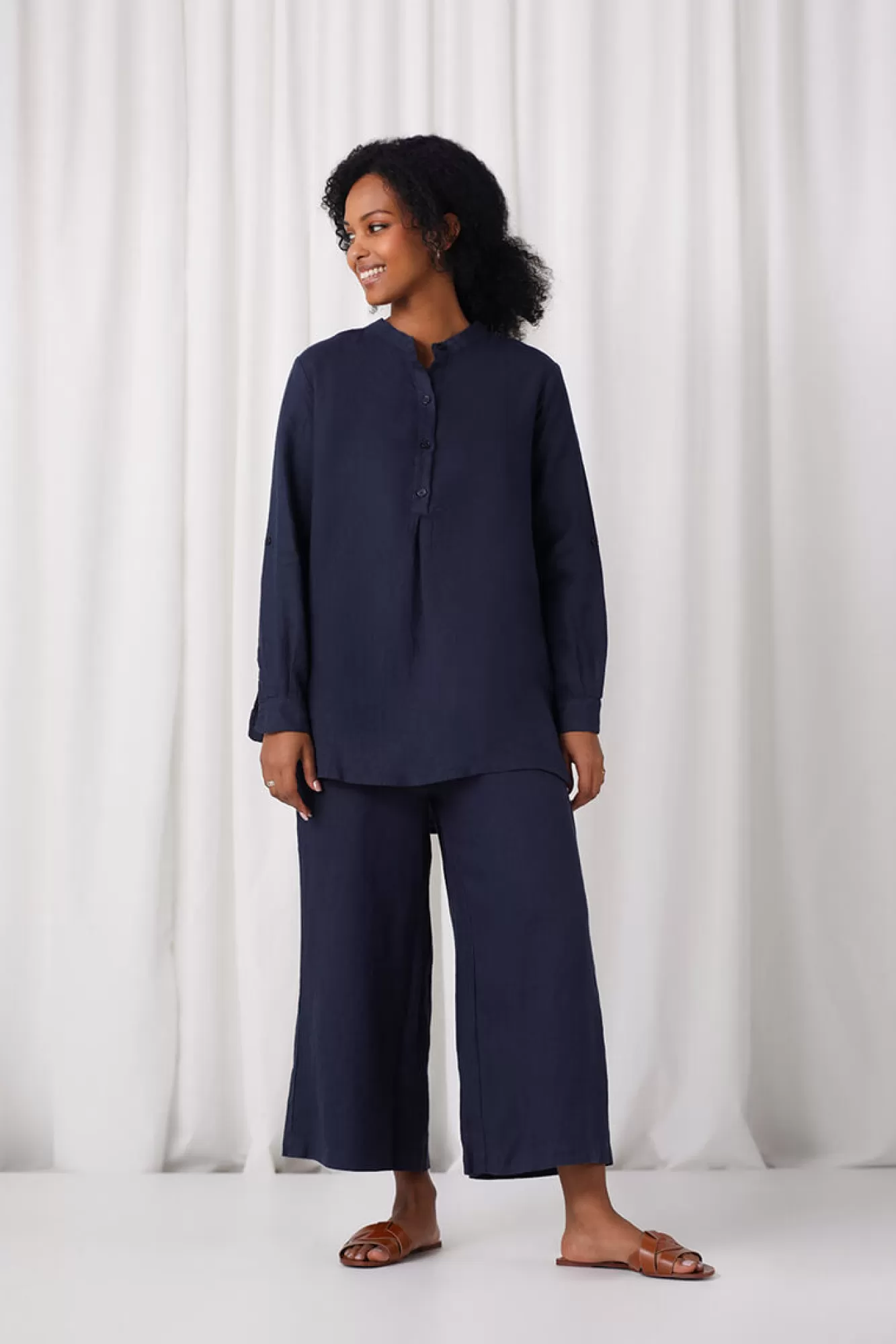 Shop Sympli Linen Mandarin Collar Tunic