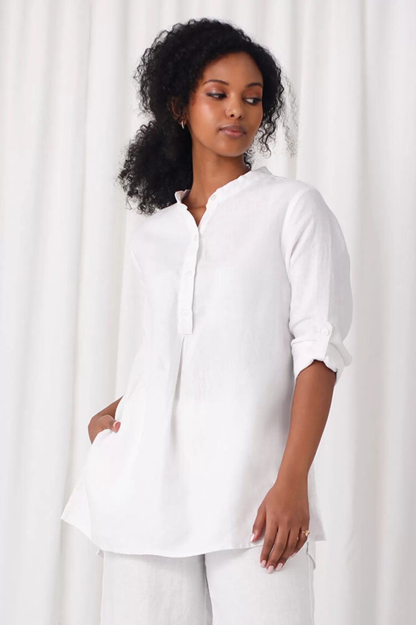 Clearance Sympli Linen Mandarin Collar Tunic